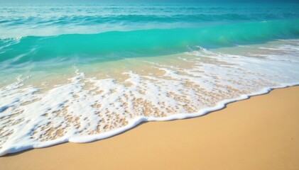 Soft blue ocean wave gently laps at the edge of a vast expanse of golden sand, ocean, sea