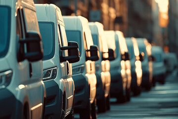A row of identical white vans parked in a line during golden hour for commercial use