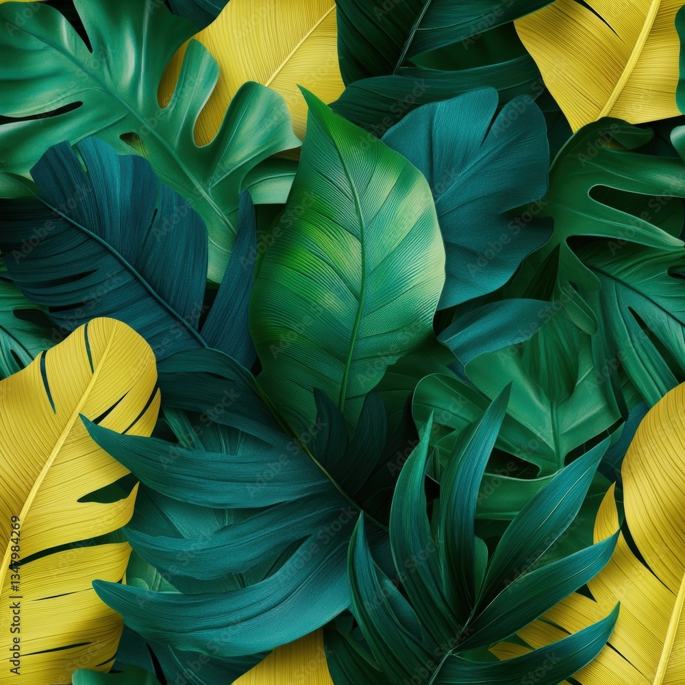 Poster vibrant seamless pattern of lush overlapping tropical leaves in deep teal and bright yellow-gold cre