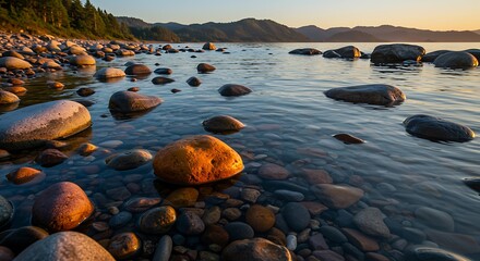 Serene Pebbles in Water - Golden Hour Tranquility - Peaceful Retreat, Nature Photography