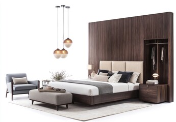A modern bedroom interior with furniture and decorative lighting