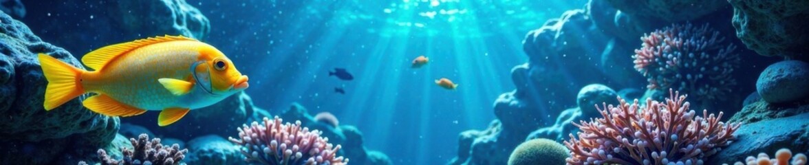 Fototapeta premium Tropical fish swimming in the blue striped aquarium, ocean, marine life, colorful fish