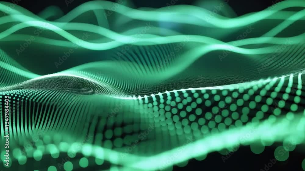 Poster mesmerizing abstract digital waves vibrant green lines and patterns create depth and movement, evoki