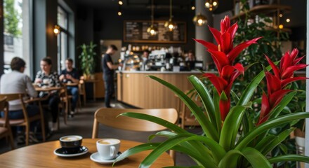 Cozy café interior featuring vibrant flowers, coffee cups, and patrons enjoying their time - common indoor plants pictures | house plants