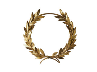 A golden laurel wreath symbolizing victory and achievement, featuring intricate leaf designs and an elegant finish against a white background.