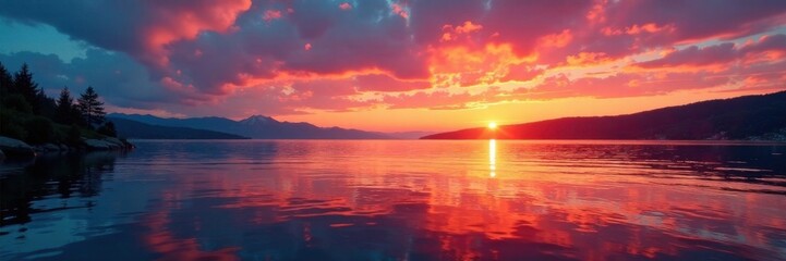 Fototapeta premium Vibrant colors splashing on a serene lake at sunset, splashing, water, sunset