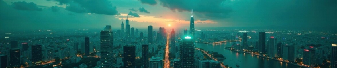 Obraz premium Soft teal glow illuminates a futuristic cityscape at dusk, ambient, sunset