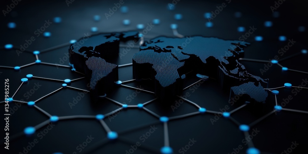 Poster 3d hologram representation of a global supply chain network with connected nodes and a world map for