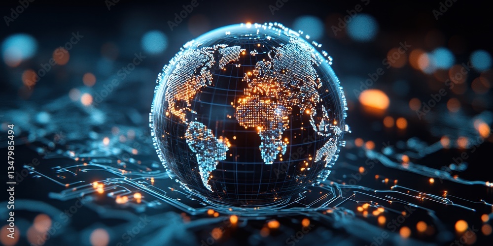 Poster close up of a 3d hologram of a globe representing global supply chain concepts and networks in techn