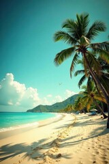Obraz premium Vintage toned photo of a tropical beach with palm trees and seagulls on the horizon , beach, film, tropical