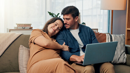 Pregnancy, laptop and couple relax in home together to research parenting or prenatal care tips. Computer, pregnant woman and man with smile in living room, embrace and website for baby name ideas