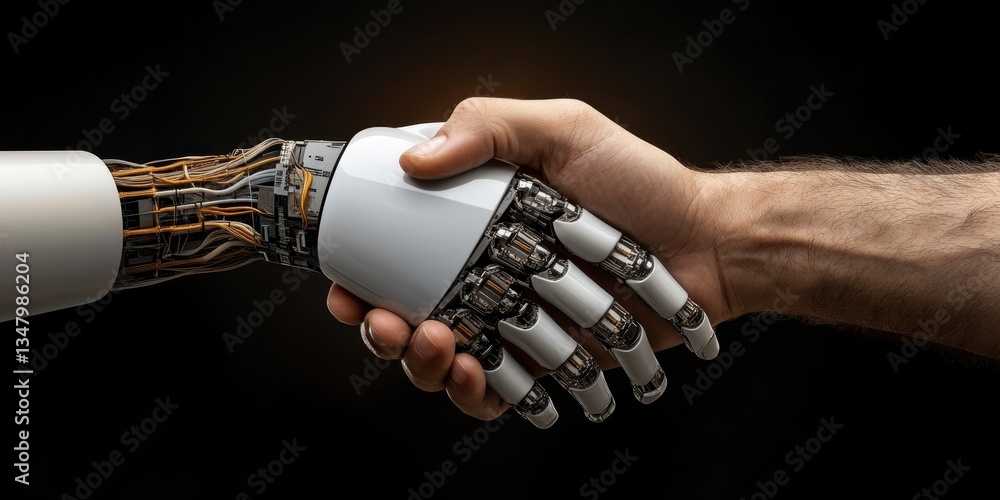 Poster a human hand shaking with a robotic hand symbolizing collaboration between humanity and advanced tec