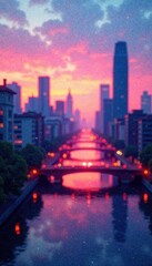 Watercolor texture overlay on a blurred cityscape at dusk , sky, texture, blurred