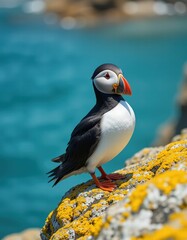 Naklejka premium Atlantic puffin standing on a sea cliff in the wild