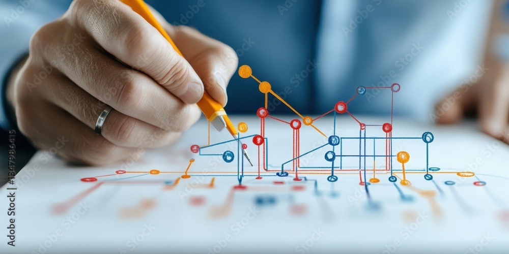 Poster close-up of transportation engineer's hand sketching diagrams and graphs for creative project develo