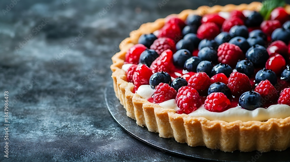 Poster delicious berry and cream tart positioned on the right, with a blurred background to the left for te