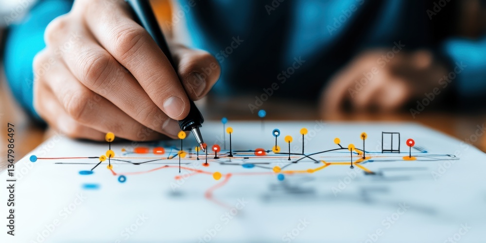 Poster close up of a transportation engineer's hand sketching a complex diagram on paper with colorful deta