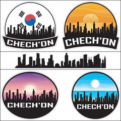 Fototapeta premium Chech'On South Korea Flag Skyline Cityscape Silhouette Travel Souvenir Sticker Isolated Vector
