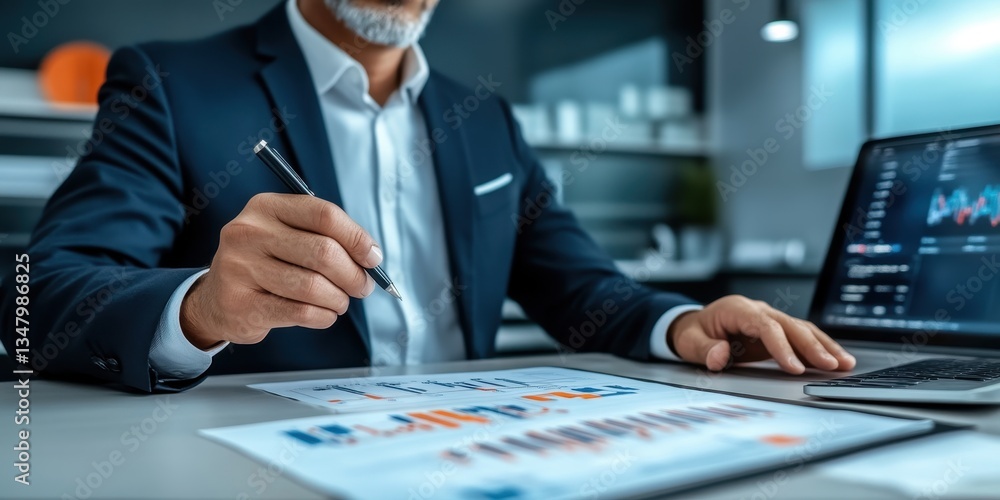 Poster business professional analyzing charts and technology in a modern office environment with focus on d