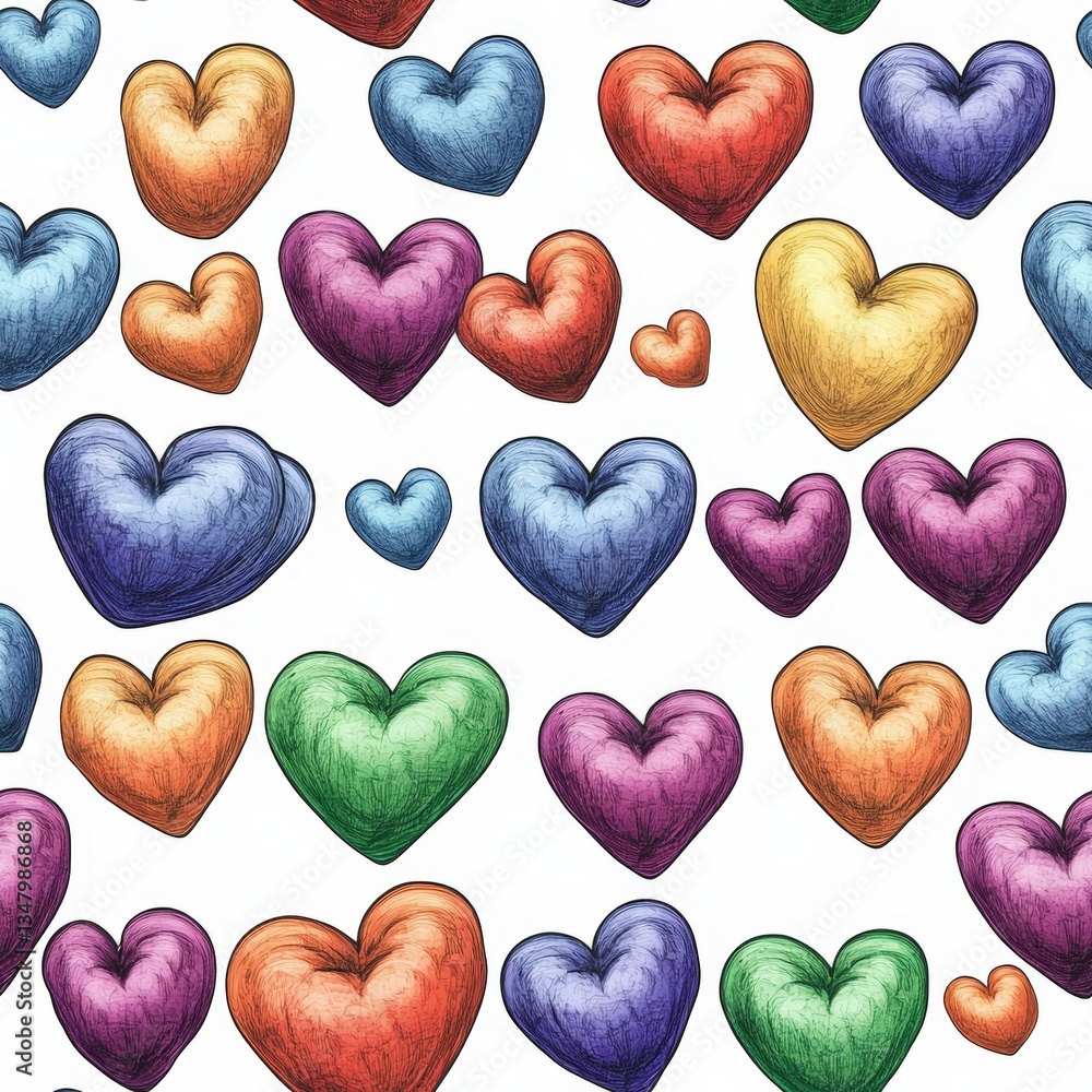 Poster seamless pattern featu colorful hand-drawn hearts in various sizes creating a playful, fun atmospher