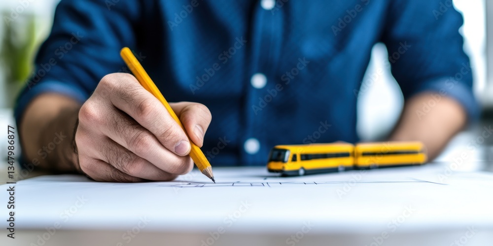 Poster a transportation engineer capturing design concepts through sketching with a miniature model on a wo