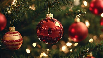 Bright red ornaments hang on a Christmas tree adorned with warm lights and festive decorations during holiday celebrations