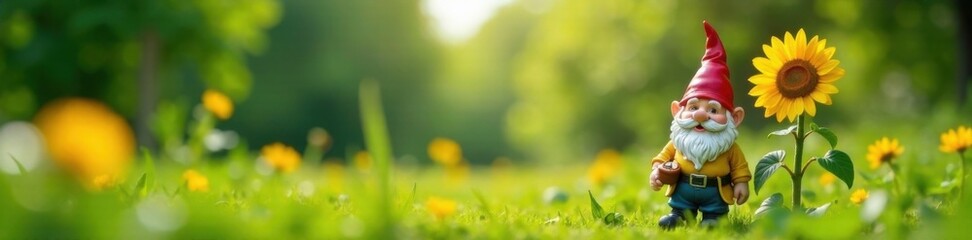 Obraz premium Whimsical garden gnome standing beside a tall sunflower in a lush green meadow, flower, garden, meadow
