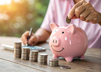 Saving Money Concept with Pink Piggy Bank, Coins, and Budget Planning