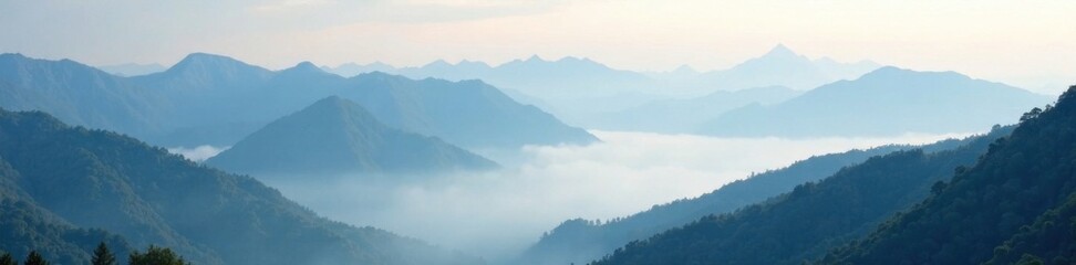White fog rolls in with misty peaks , eerie, soft, mountain