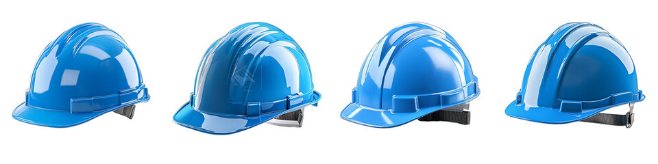 Fototapeta premium Four Views of Shiny Blue Safety Helmet for Construction Workers Isolated on transparent Background