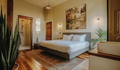 A Bright Bedroom Interior With Bed Shower And Furniture