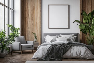 A cozy bedroom features a bed and comfortable furniture with plants