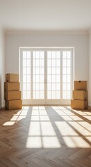 Obraz premium Moving cardboard boxes are waiting to be unpacked in a new, cardboard, architecture, empty apartment