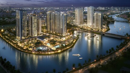 Fototapeta premium Night city skyline, river, luxury apartments