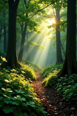 Obraz premium Sunlight casting dappled shadows on forest floor, floor, nature