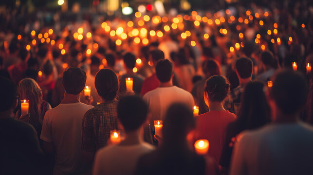 A large crowd of people holding lit candles at a vigil or memorial service. The warm candlelight illuminates the faces and creates a somber and peaceful atmosphere.