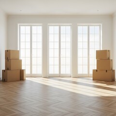 Moving cardboard boxes are waiting to be unpacked in a new, empty apartment, cardboard, architecture