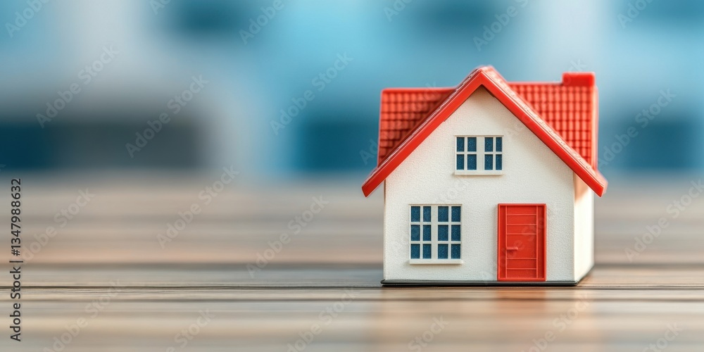Poster property sales report visualization featuring a model house displayed on a table in a soft focus bac
