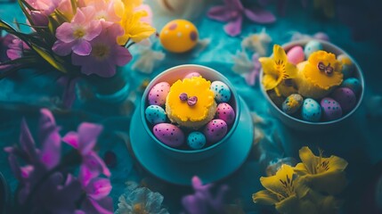 A close up of bowls filled with colorful eggs and flowers on a blue textured surface