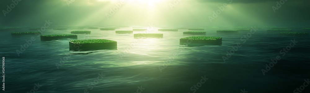 Poster A serene scene depicting floating green platforms on water, illuminated by soft rays of light, creating a tranquil and ethereal atmosphere.