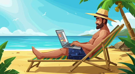Man remotely working while Relaxing on Beach
