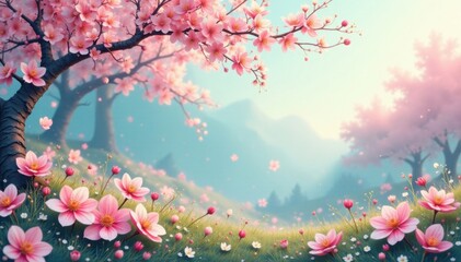 Obraz premium Swirling patterns of pastel hues and delicate vines on a serene spring or summer landscape, scenery, abstract, spring