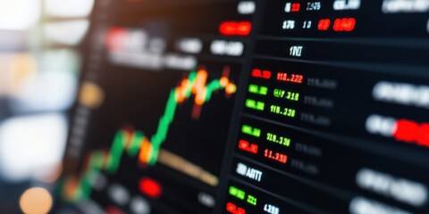 A close-up view of a stock market exchange interface displaying financial data, charts, and trading indicators for investors to analyze trends.