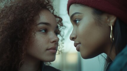 Obraz premium Intimate Portrait of Two Young Women Engaging in a Close Conversation with Genuine Expressions
