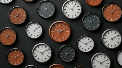 Stylish wall of clocks showcasing modern design and timekeeping