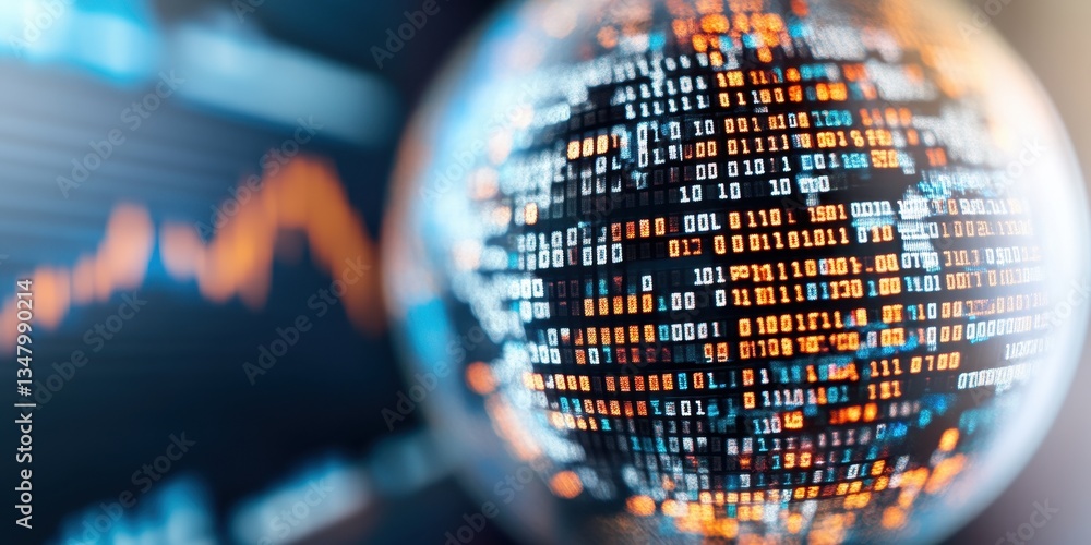 Poster macro shot of a digital globe illustrating stock market tickers and binary data representation on a 