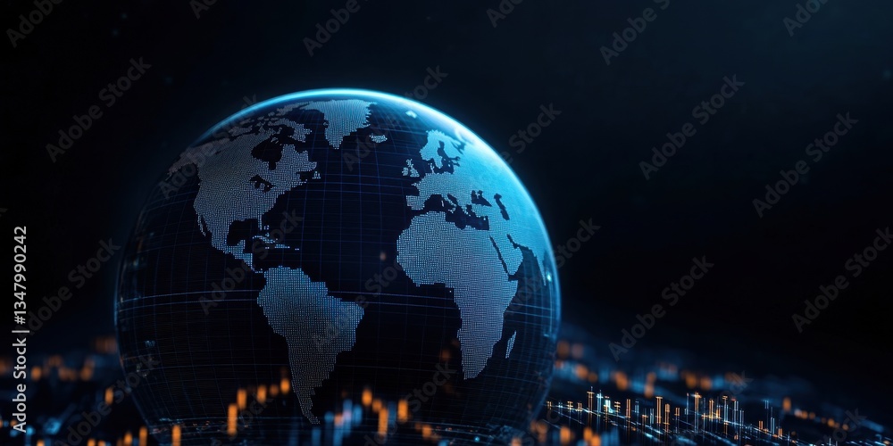 Poster macro shot of a globe representing global connectivity and market dynamics in an abstract digital co