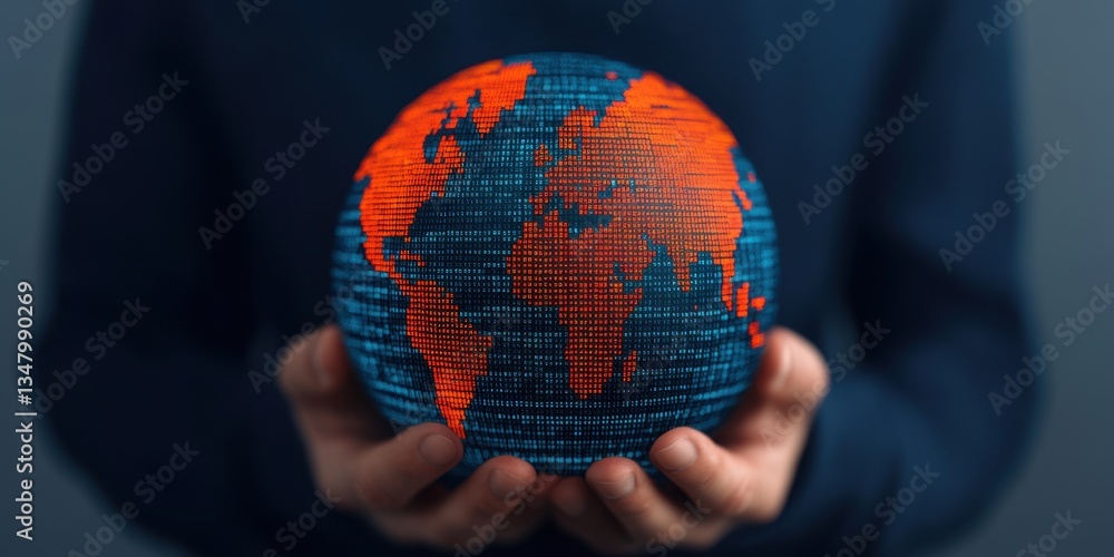 Poster macro shot of a digital globe representing global connectivity with dynamic patterns and imagery
