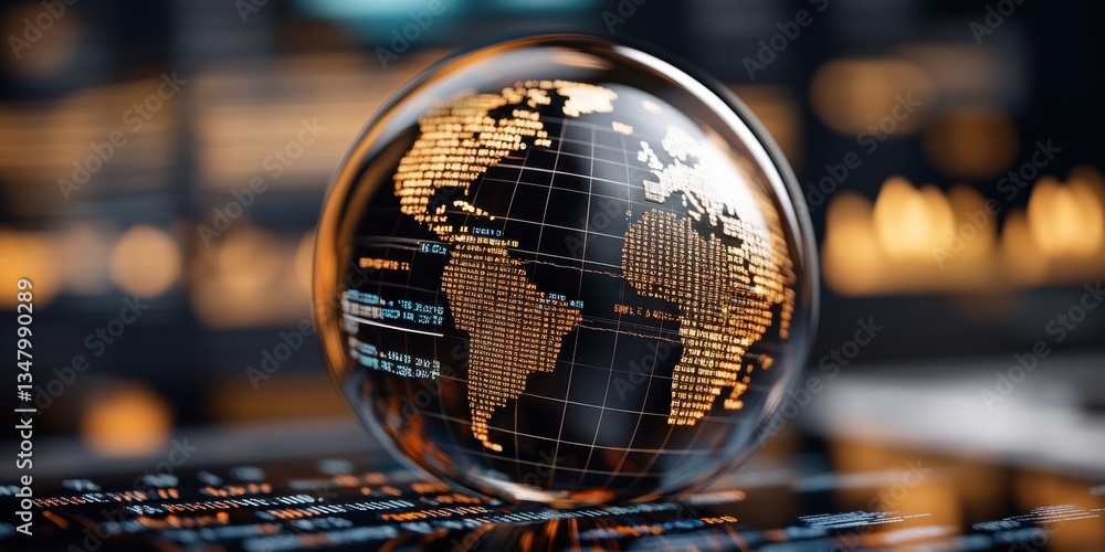 Poster macro shot of a globe featuring stock market tickers and digital financial data representations in a