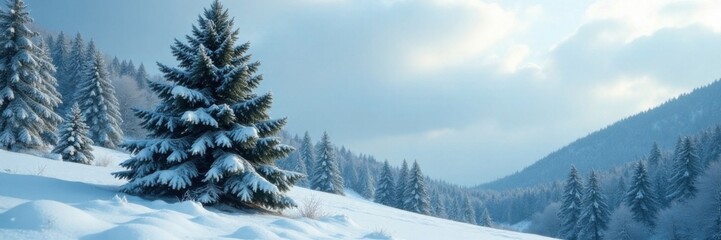 Obraz premium Towering evergreen tree stands amidst snowfall, twinkling lights, ornaments